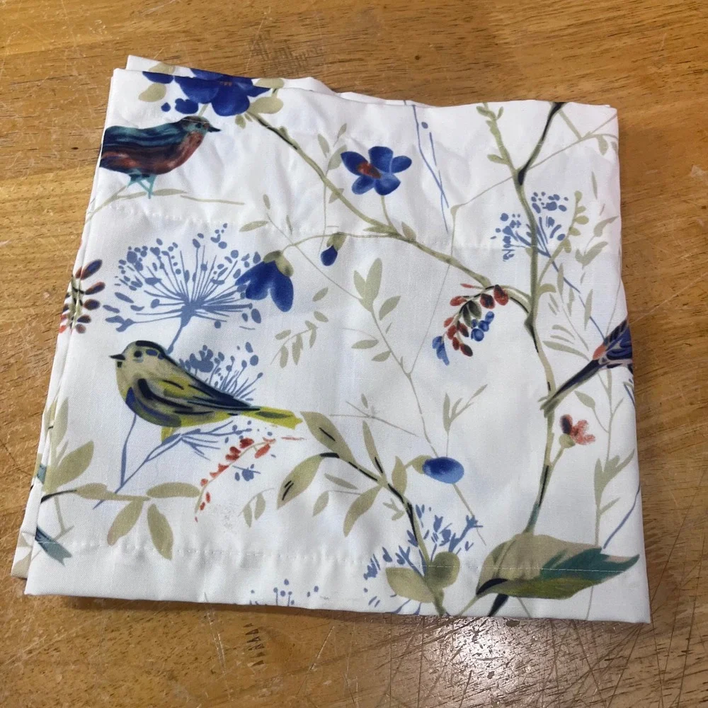 Bird Floral Linen Window Valance 52x12 White Blue Botanical Print Handmade